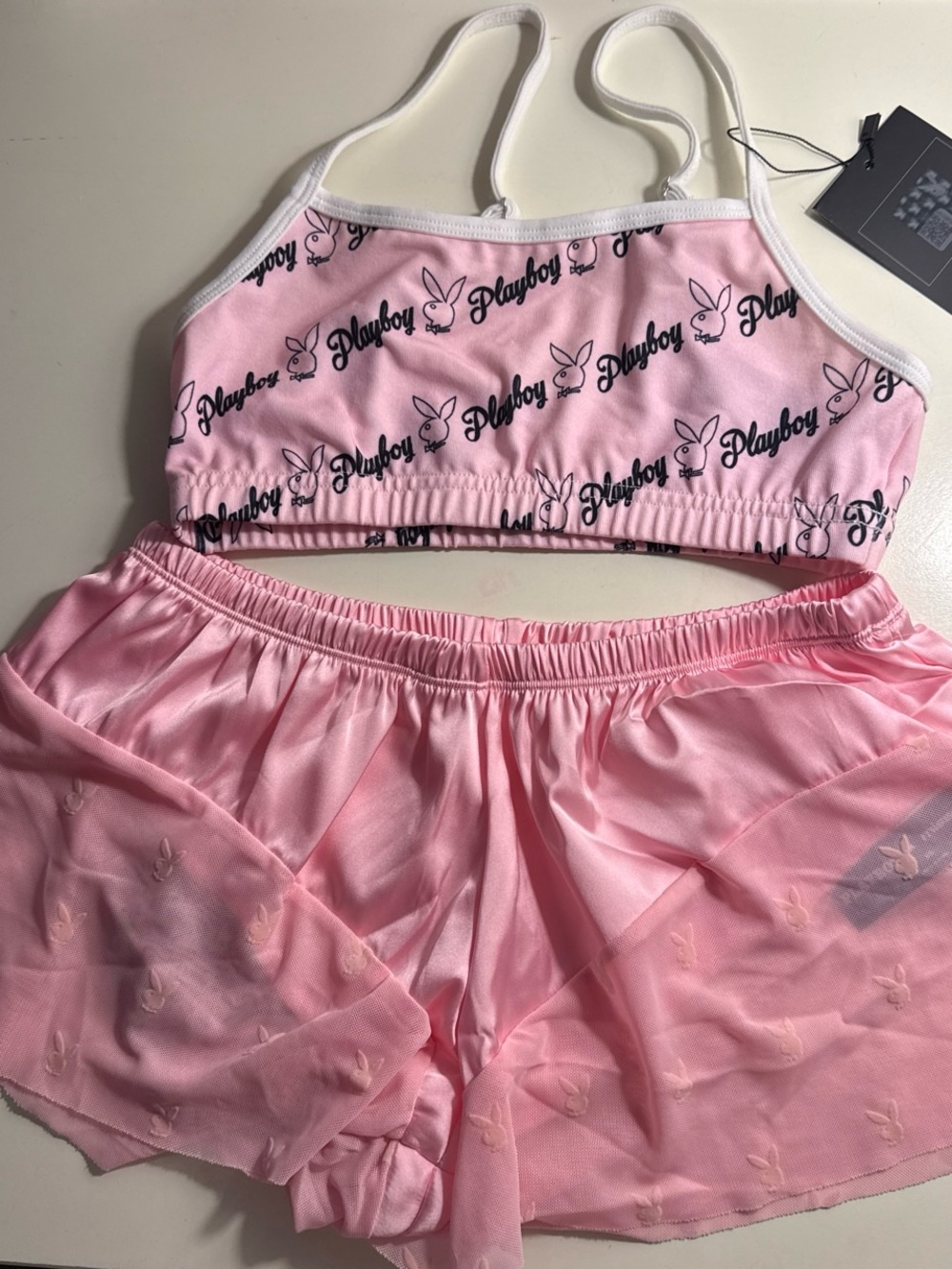 PLAYBOY Pink Logo Bralette and Sheer Mesh Shorts Set
